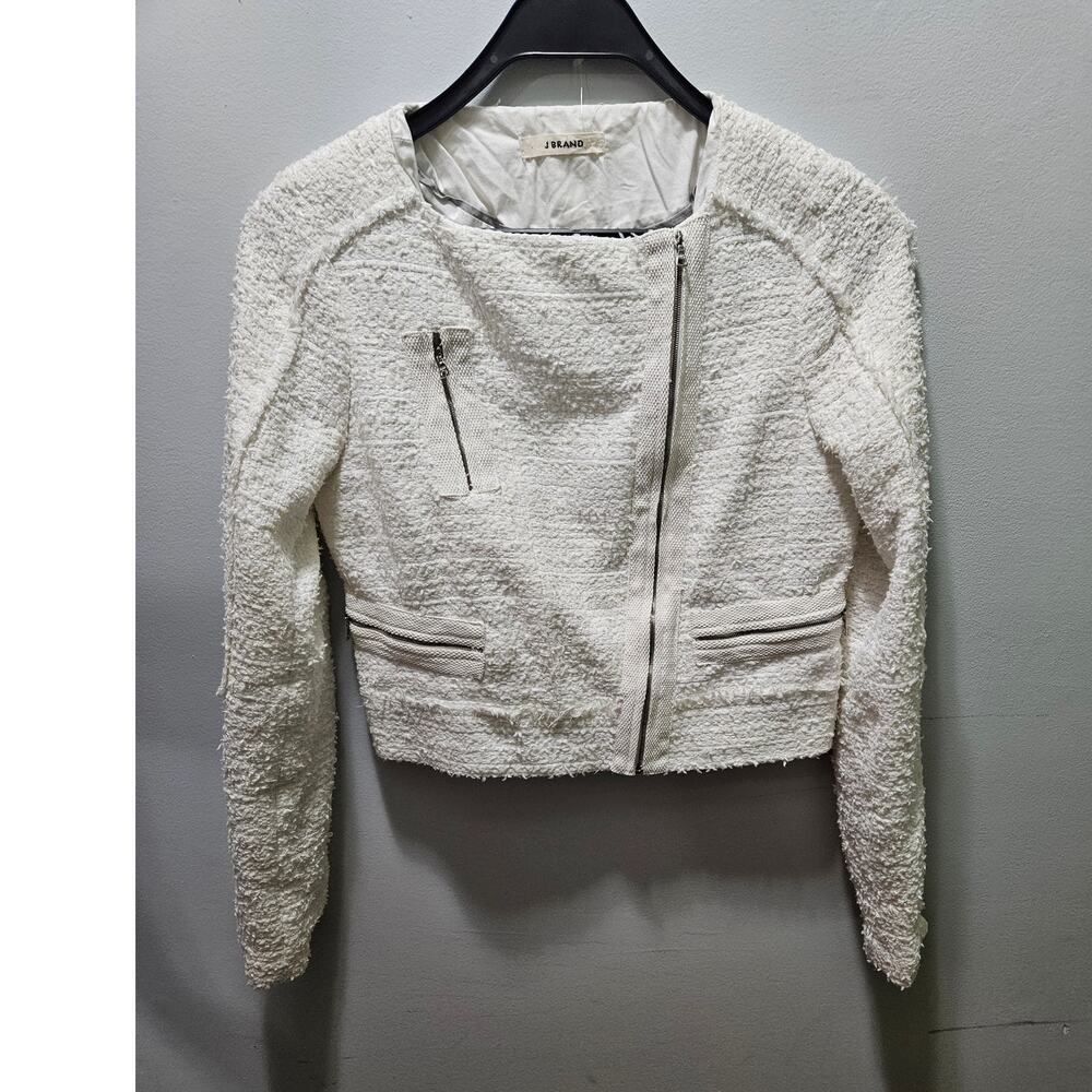 J Brand White Boucle Asymmetrical Zip Cropped Jacket Est Small Moto